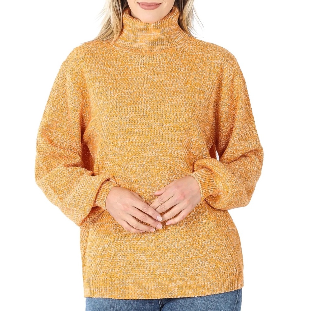 ZENANA Balloon Sleeve Melange Turtleneck Sweater
Size XL